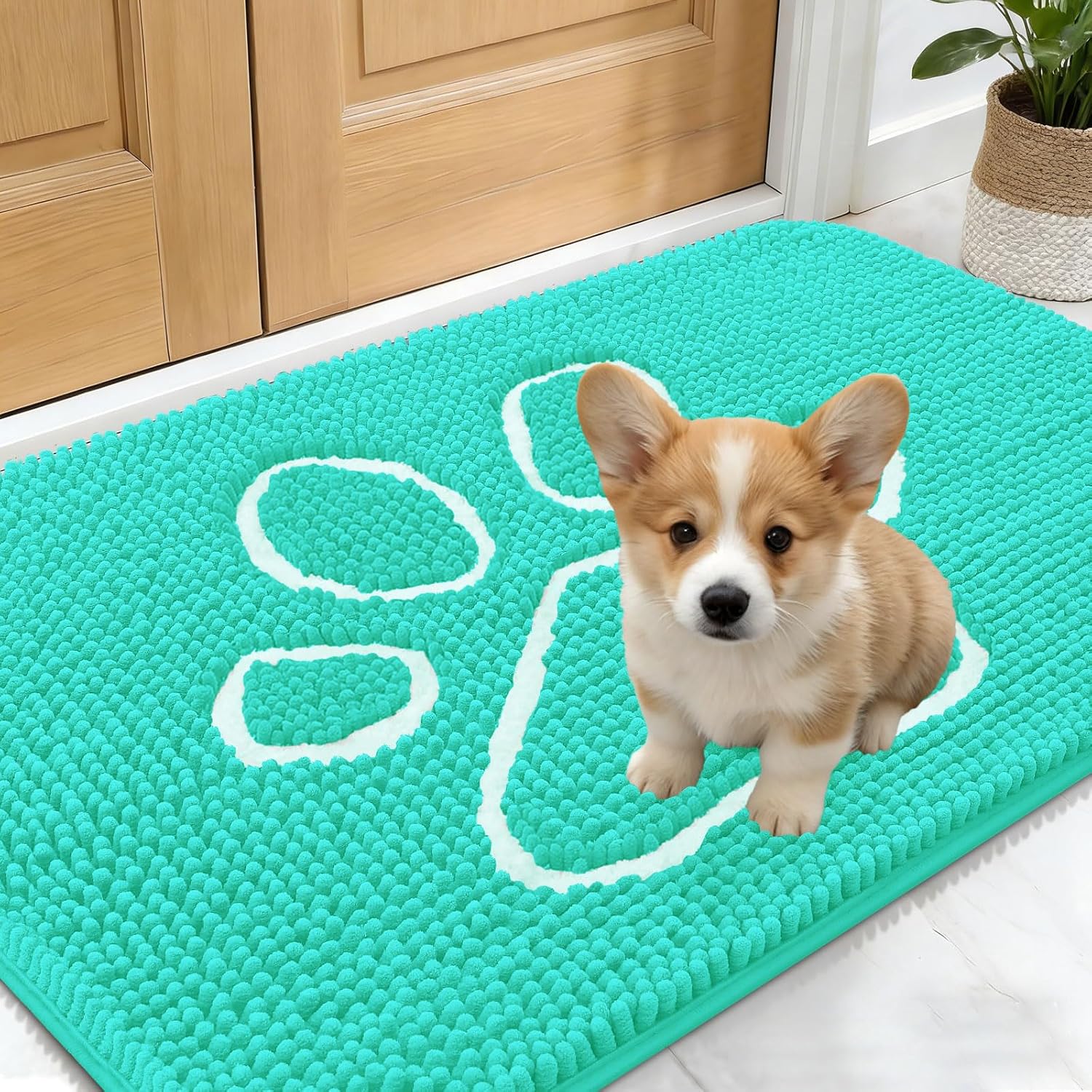 OLANLY Dog Door Mat - Absorbent Non-Slip Chenille for Muddy Paws | 24x16 Teal Paw Print Design