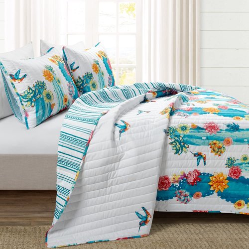 Lush Decor Southwest Vibrant Cactus Reversible Oversized 3 Piece Quilt Set, King/Cal King, Turquoise & Orange