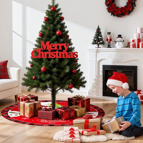 48 Inch Merry Christmas Tree Skirt - Large Red Xmas Tree Skirts Mat Decoration, Cute Winter Snowman Round Skirt for Indoor Outdoor Home Christmas Tree Decorations Holiday Party Decor