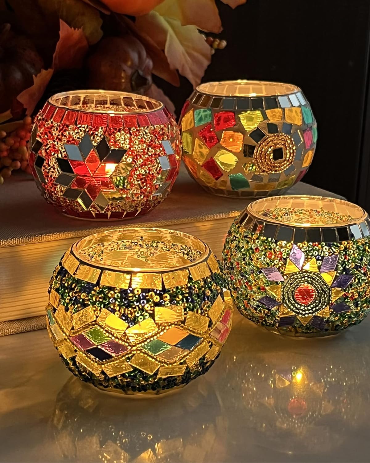 SHMILMH Glass Candle Holder Set - Handmade Mosaic Tealight Holders for Diwali & Christmas | Set of 4