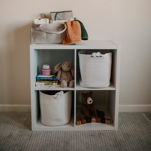 Parker Baby Rope Storage Cubes - 11 Inch Nursery Cubby Organizer, Closet Organizer, Toy Bin - White