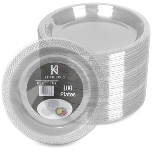 KITCHHOMES 6 Inch Clear Plastic plates - Flexible 100 Pack clear plastic plates for Dessert, Appetizers, BBQ, Party, Travel, and Events - Microwave Safe, Recyclable & Disposable Plates