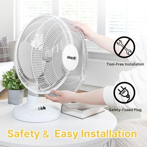 Shop-Air 16" Oscillating Table Fan, 3 Speeds, High-Velocity, Quiet & Powerful Air Circulation, 70° Adjustable Head Tilt,Ideal for Home, Bedroom or Office, White