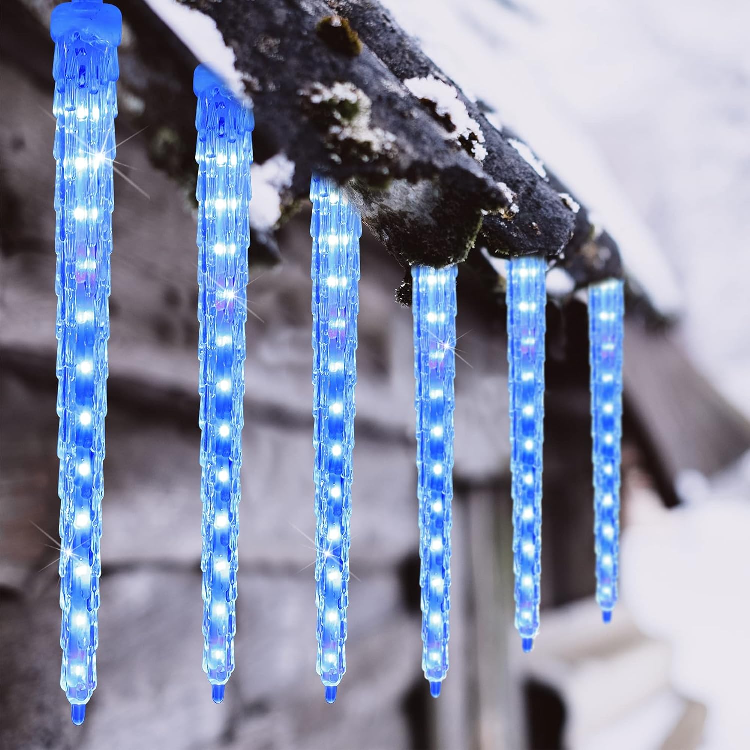 WATERGLIDE Meteor Shower Lights - 12" Outdoor Icicle Christmas Lights | 8 Icicles with 192 SMD LED, Connectable Raindrop Design, Blue Holiday Decor
