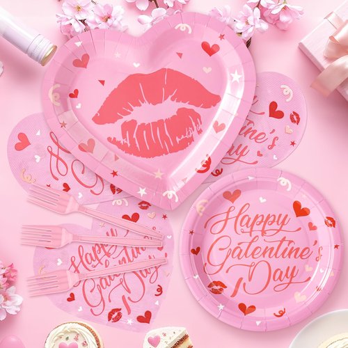 109PCS Happy Galentine's Day Party Supplies,Pink Love Heart Disposable Paper Plates Napkins Cups Forks Dinnerware for 24 Guest,Galentines Banner Balloons for Valentine's Day Anniversary Decorations
