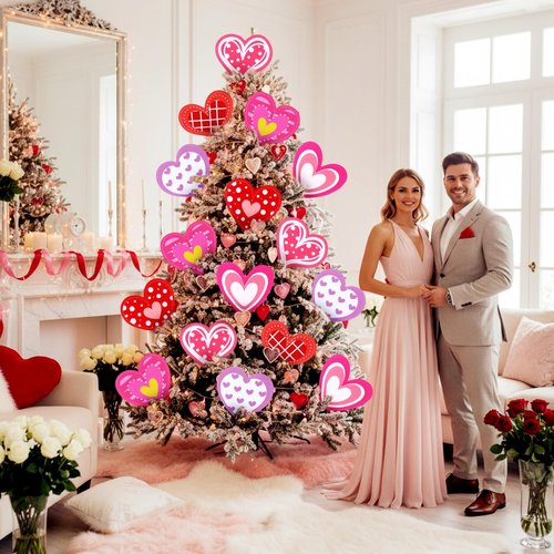 Vertintong 12 Pcs Valentines Day Decorations Tree Ornaments Large Red Pink White Heart Picks Cute Heart San Valentines Ornaments for Valentine's Day Tree Topper Home Wedding Party Decor