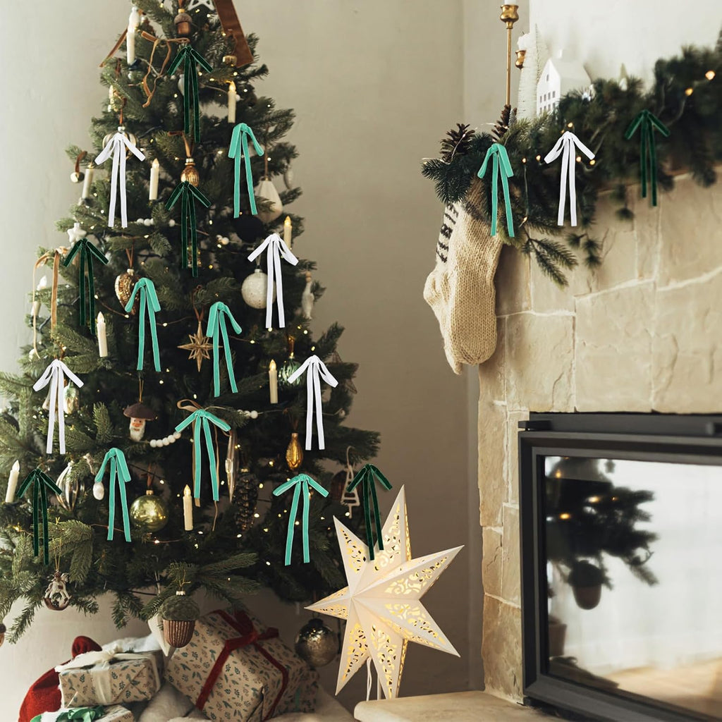 Skiennix 24 Pcs Velvet Bows - Vintage Ribbon Bows for Christmas Tree & Crafts | Dark Green, Beige, Sage Green (5 x 7 Inch)