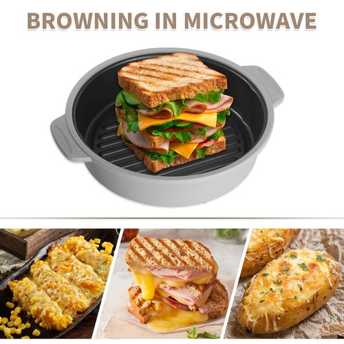Microwave Grill Pan, Fry Griddle Crisper Pan with Lid for Grilling Browning and Crisping Foods Microwave Silicone Cookware for Baked Potato Meat Sandwich Vegetable Dark Grey
