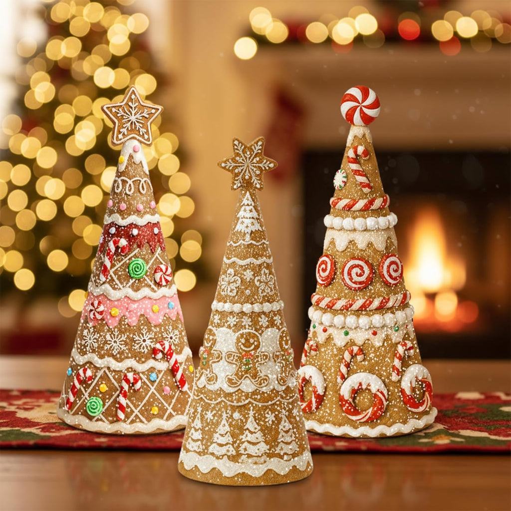 Simgoing Gingerbread Christmas Tree Figurines - 3 Pack Resin Tabletop Decorations for Holiday Centerpieces