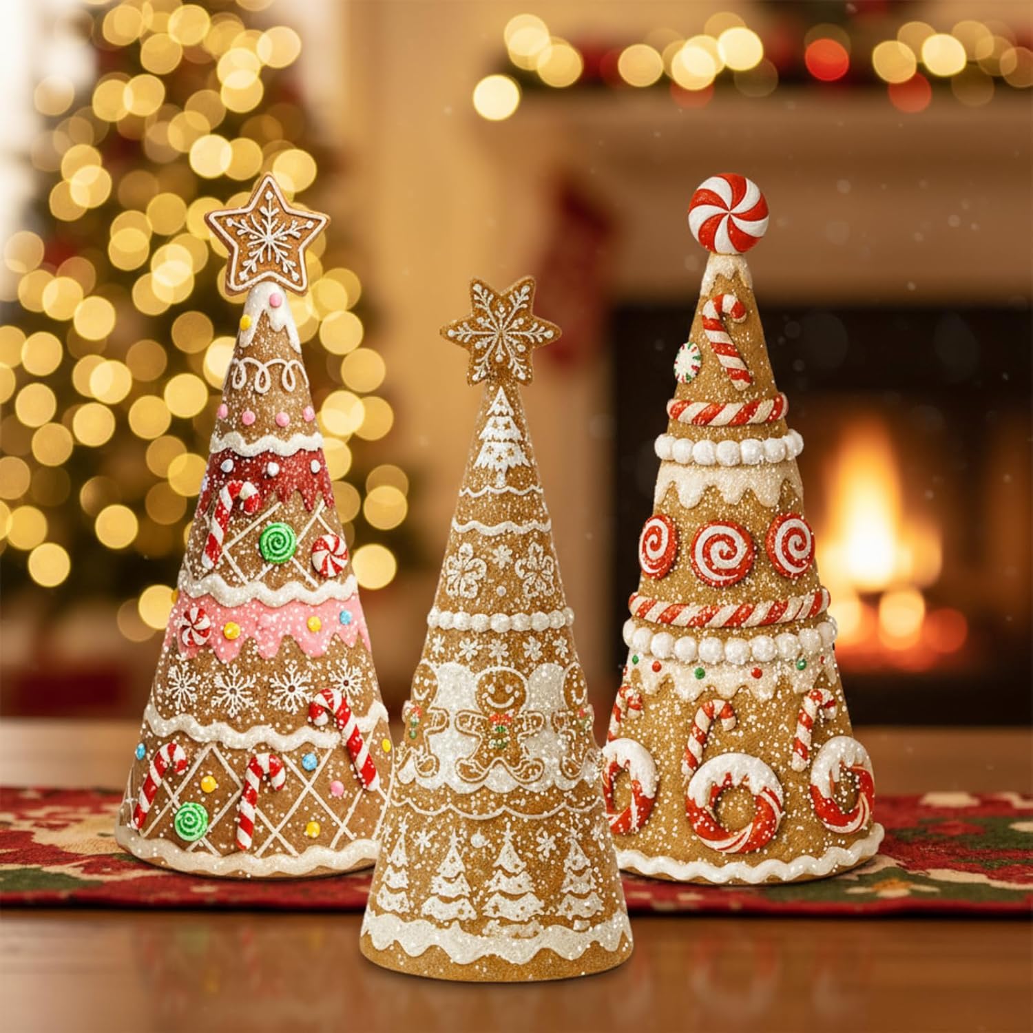 Simgoing Gingerbread Christmas Tree Figurines - 3 Pack Resin Tabletop Decorations for Holiday Centerpieces