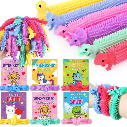 30 Pcs Valentines Day Card for Kids School with Multi-color Stretchy String Toys, Valentines Day Gifts for Kids Classroom, Dinosaur Unicorn Stress Sensory Fidget Toys for Party Favors Prize Exchange