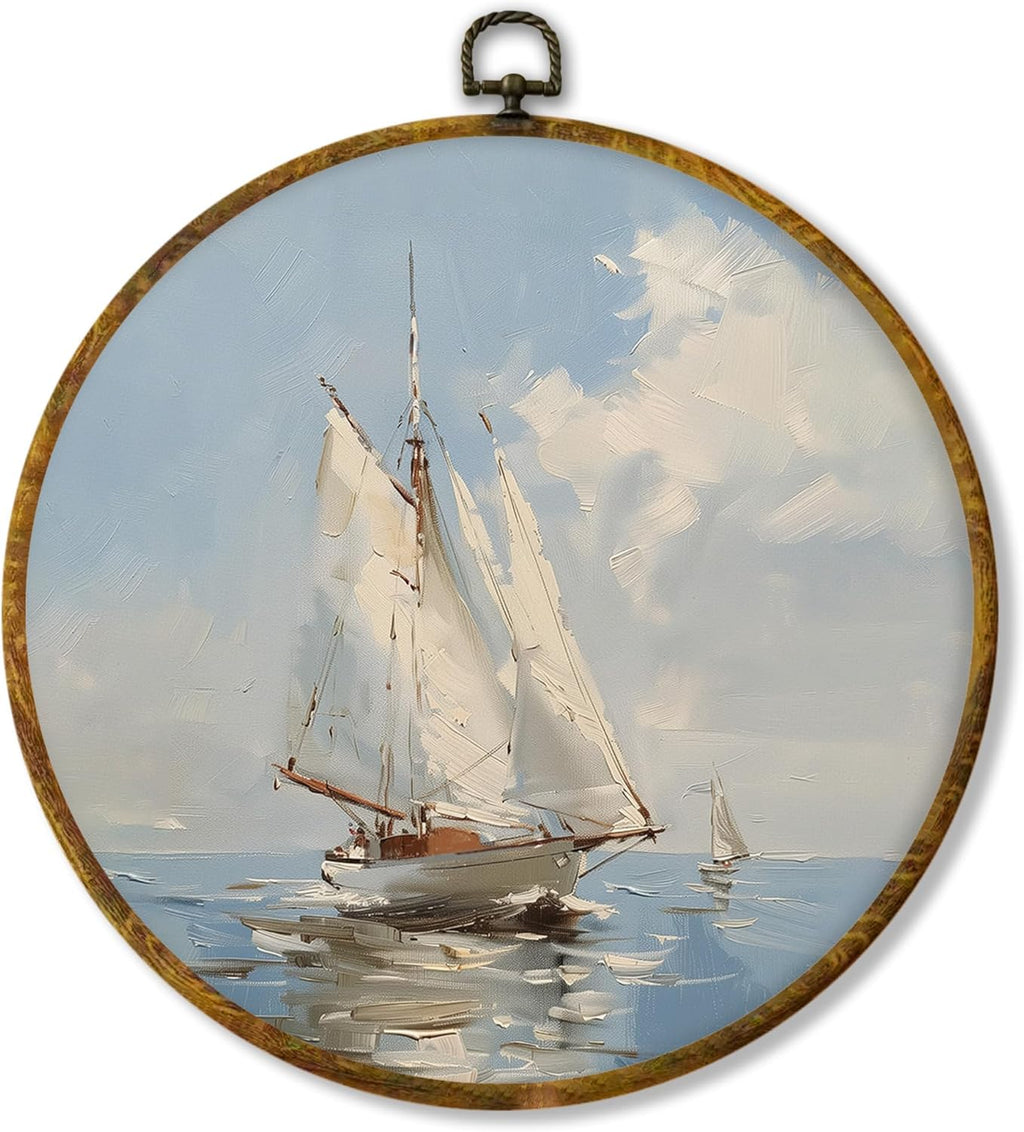 Shiviody Coastal Sailboats Canvas Wall Art - Nautical Ocean Decor for Beach House | 10"x10" Round Print
