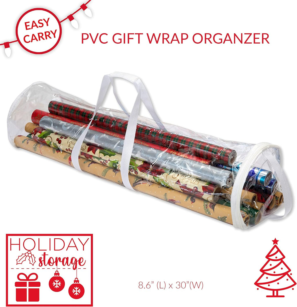 Simplify Clear Gift Wrap Storage Bag - Holds 30" Long Wrapping Paper Rolls | Zipper Closure | Red