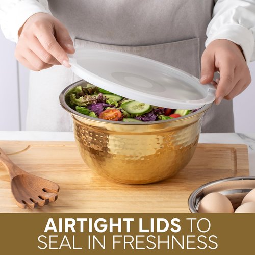 COOK WITH COLOR 18 Piece Mixing Bowls Set with Airtight Lids, Handcrafted Stainless Steel Bowls, Food Storage Containers, Meal Prep, Nesting Salad Bowls For Cooking, Baking, Kitchen, Gold- Hammered