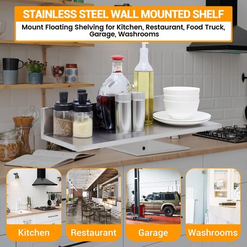 SWOTCATER Stainless Steel Wall Shelf 8.6"x30" 60LB, 2 Packs L-Shaped Commercial Wall Mount Floating Shelving for Kitchen, Restaurant, Home