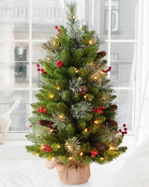 Amaoasis 3ft Pre-Lit Artificial Christmas Tree with 70 LED Lights Mini Xmas Trees, Cement Burlap Base Basin, for Home Tabletop, Green