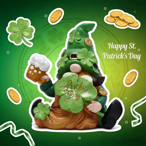 Hodao Green St. Patrick's Day Gnome Figurine - 6" Handmade Resin Elf for Spring Decor