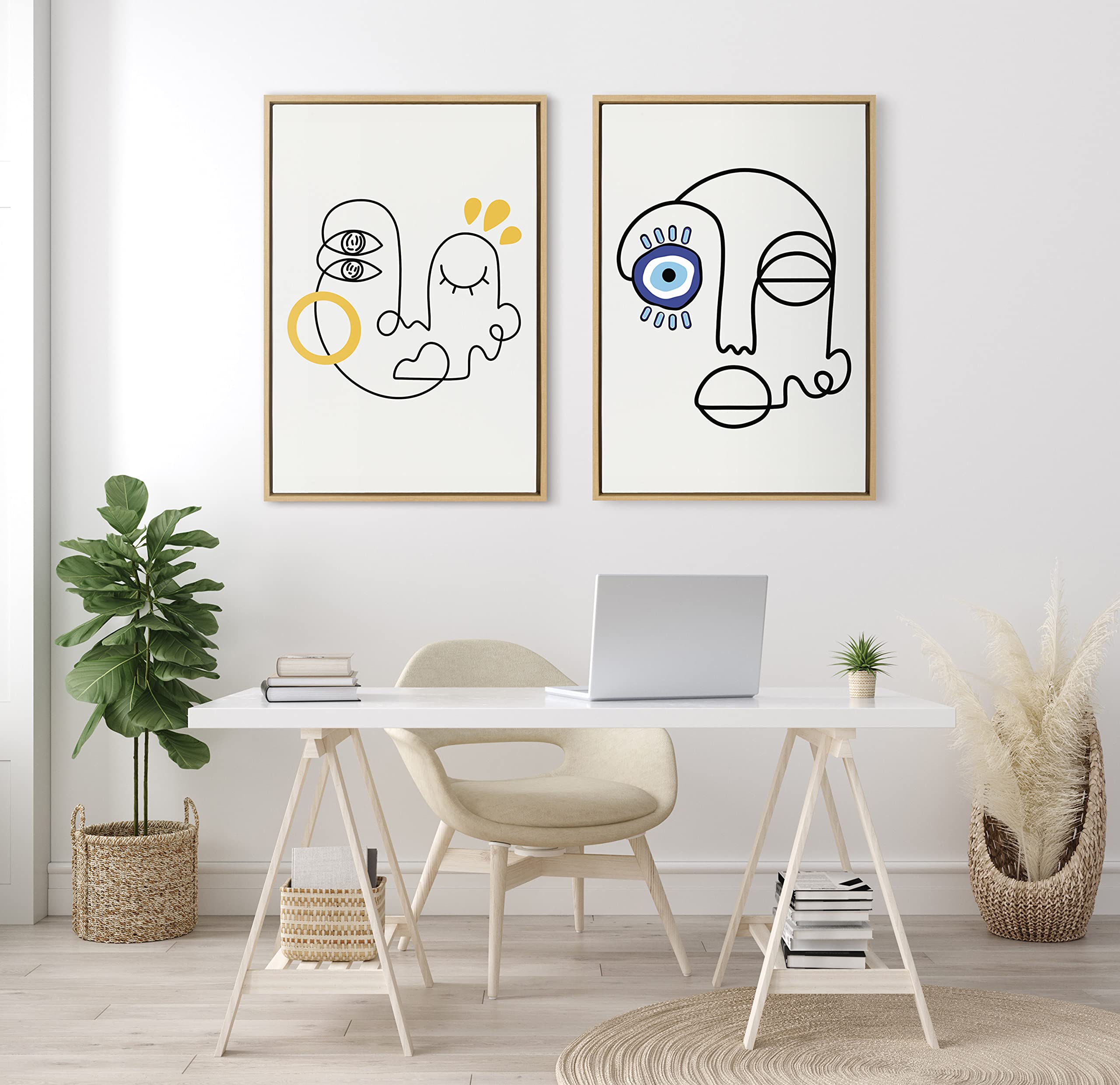 Kate and Laurel Sylvie No Evil Allowed Framed Canvas Wall Art by Shatha Al Dafai, 23x33 Natural, Decorative Abstract Line Drawing Art for Wall