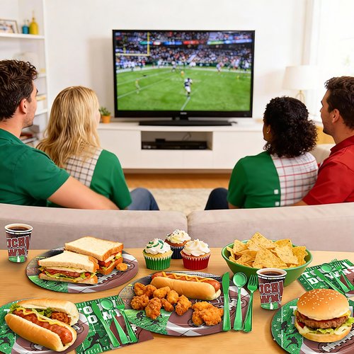 Piooluialy Football Party Decorations Tableware - Football Party Supplies Set, Include Dinner Plates, Cups, Napkins, Cutlery, for Touchdown Boys Football Party Supplies | 24 Guests