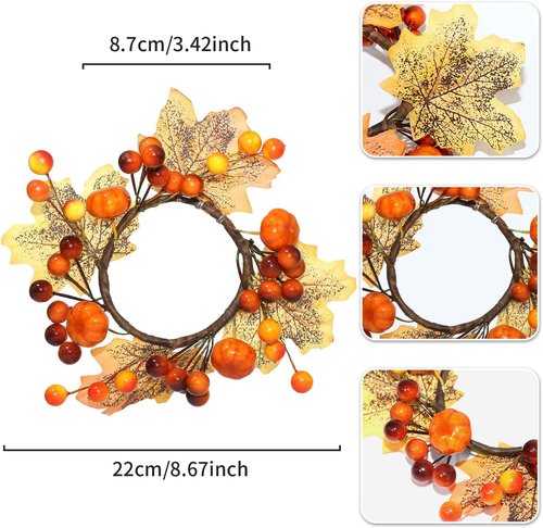 Fall Candle Rings by [Brand Name] - 3.5-Inch Decorative Taper Candle Holders with Maple Leaves & Pumpkins | Autumn Harvest Decor (Set of 3)