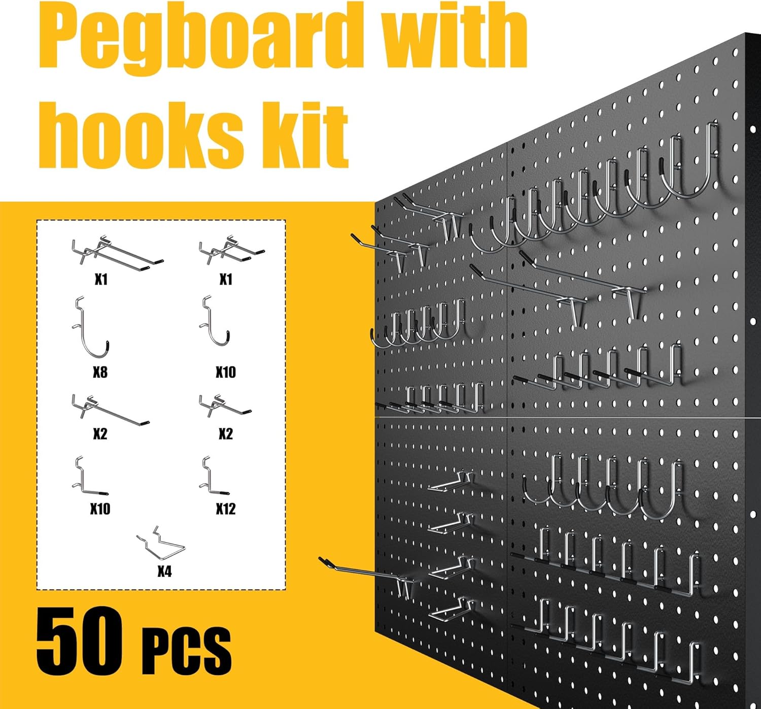 Spampur Peg Board - Heavy Duty Metal Panels with 50 Hooks | Black Wall Organizer for Home & Garage