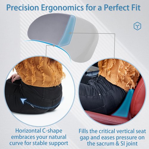 SHAKERINO Ergonomic Sacral Cushion for Car & Office Chair - Fills Seat Gap for Tailbone & Lower Back Support, Memory Foam Wedge Pillow for SI Joint Comfort, Non-Slip Design with Seat Anchor
