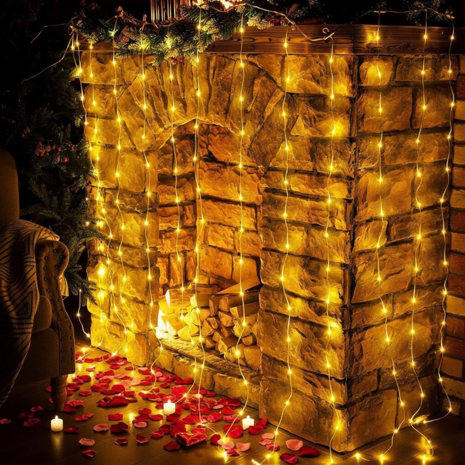 Skiennix 195 LED Curtain String Lights - 6.5 x 5 Ft Battery Operated with 8 Dimmable Modes | Copper Fairy Lights for Christmas & Wedding Decor