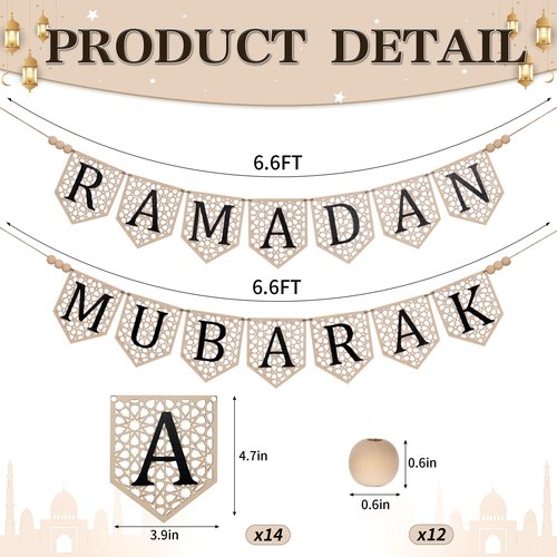 2 Pcs Ramadan Mubarak Banner, Wooden Eid Ramadan Mubarak Decorations with Rustic Beads, Muslim Party Decor for Home, Mantel, Fireplace, Indoor or Outdoor Celebration (Black Letters)