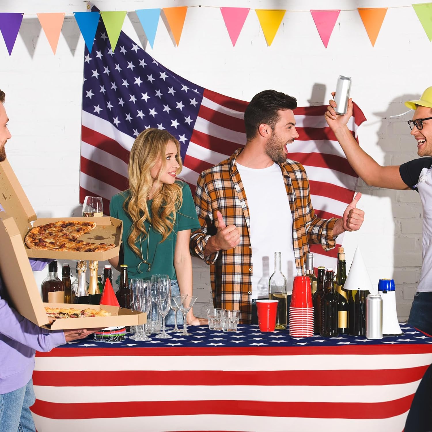 Oudain 2 Pcs Stretch Table Covers - Patriotic Red, White & Blue Spandex for 4th of July Celebrations | 6 Feet