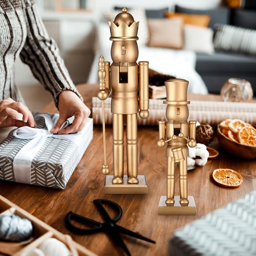 Quzzil 2 Pcs Christmas Nutcracker Ornaments Neutral Nutcracker Figures 10'' 15''Christmas Decor Ornament Soldier Festive Collectible Gift for Table Fireplace Shelf Desktop(Gold,Wooden)