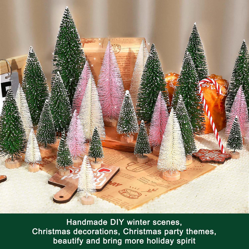 Skiennix 30Pcs Mini Christmas Trees - Artificial Bottle Brush Trees with Wooden Base for Holiday Decor | Green, Beige, Pink