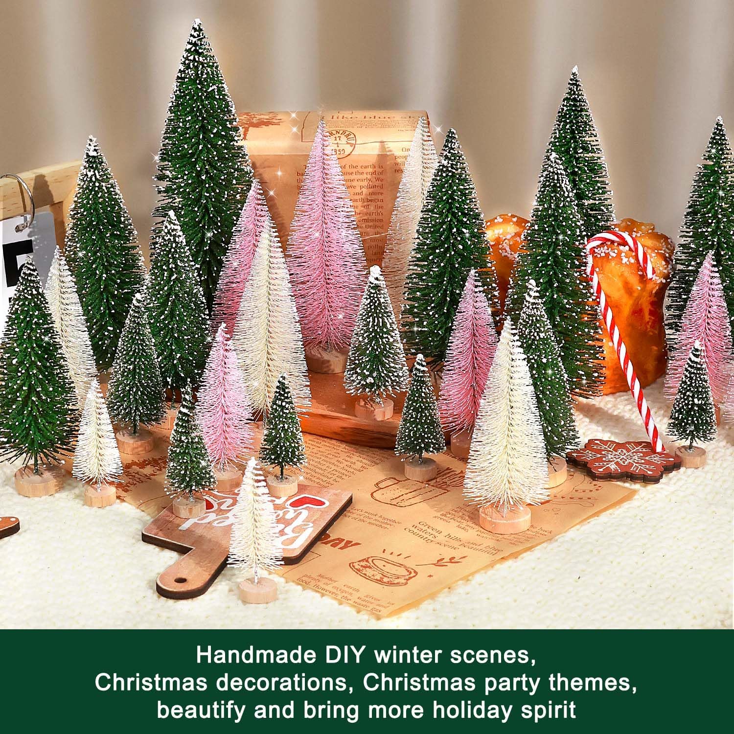 Skiennix 30Pcs Mini Christmas Trees - Artificial Bottle Brush Trees with Wooden Base for Holiday Decor | Green, Beige, Pink