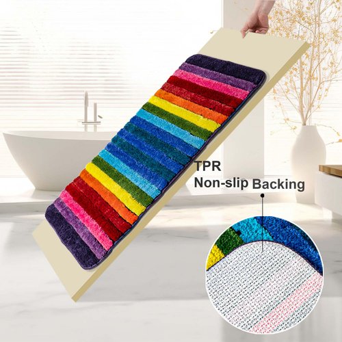 Edepreak Rainbow BathroomMat Colorful Striped Floor Bathroom Rugs Super Soft and Absorbent Microfiber Plush Bath Rugs with Non-Slip Backing for Bath Machine Washable 16"X24"