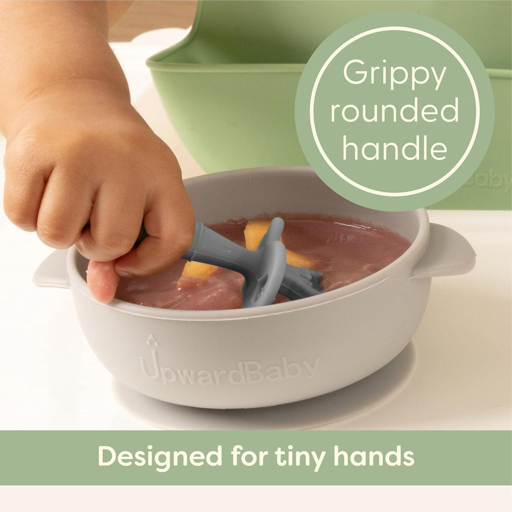Upward Baby Spoons - Self-Feeding Toddler Utensils with Anti-Choke Barrier | 3-Pack Silicone Spoons for 6+ Months - Red, White, Blue