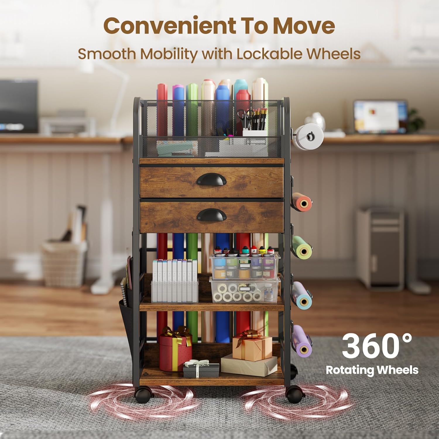 Wrapping Paper Storage Cart - Rolling Organizer with 2 Fabric Drawers & Side Pockets | Lockable Wheels for Gift Bags & Ribbons
