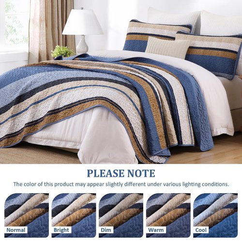 Dobuyly Blue Queen Quilt Set, Boho Bedspread Queen Size, Striped Bedding Sets 3 Pieces, Lightweight Soft Coverlet Bed Sets with 2 Pillow Shams 96"x90"