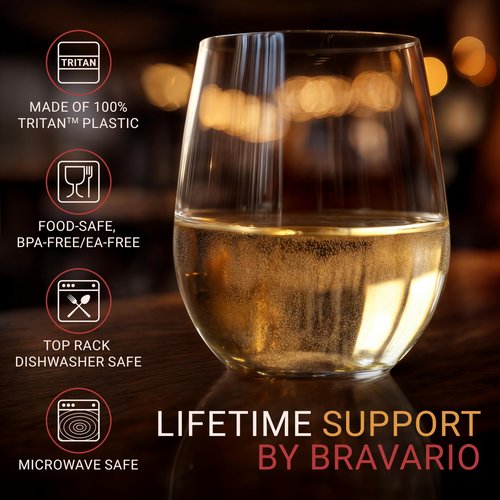 Bravario Unbreakable Stemless Plastic Wine Glasses | Reusable | Shatterproof 100% Tritan Plastic | Dishwasher-Safe | BPA-free | Awesome for Indoor & Outdoor | 20 oz, Set of 8