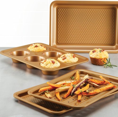Ayesha Curry Nonstick Bakeware Set - 4-Piece Toaster Oven Set with Copper Brown Baking Pan & Muffin Pan