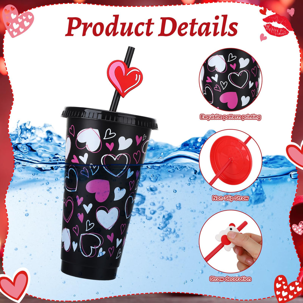 Ovveroche 12 Pcs Valentine's Day Plastic Cups with Lids and Straws and Straw Caps 24 oz Reusable Cups Travel Mug Bulk for Valentine's Day Birthday Wedding Anniversary Party Favors