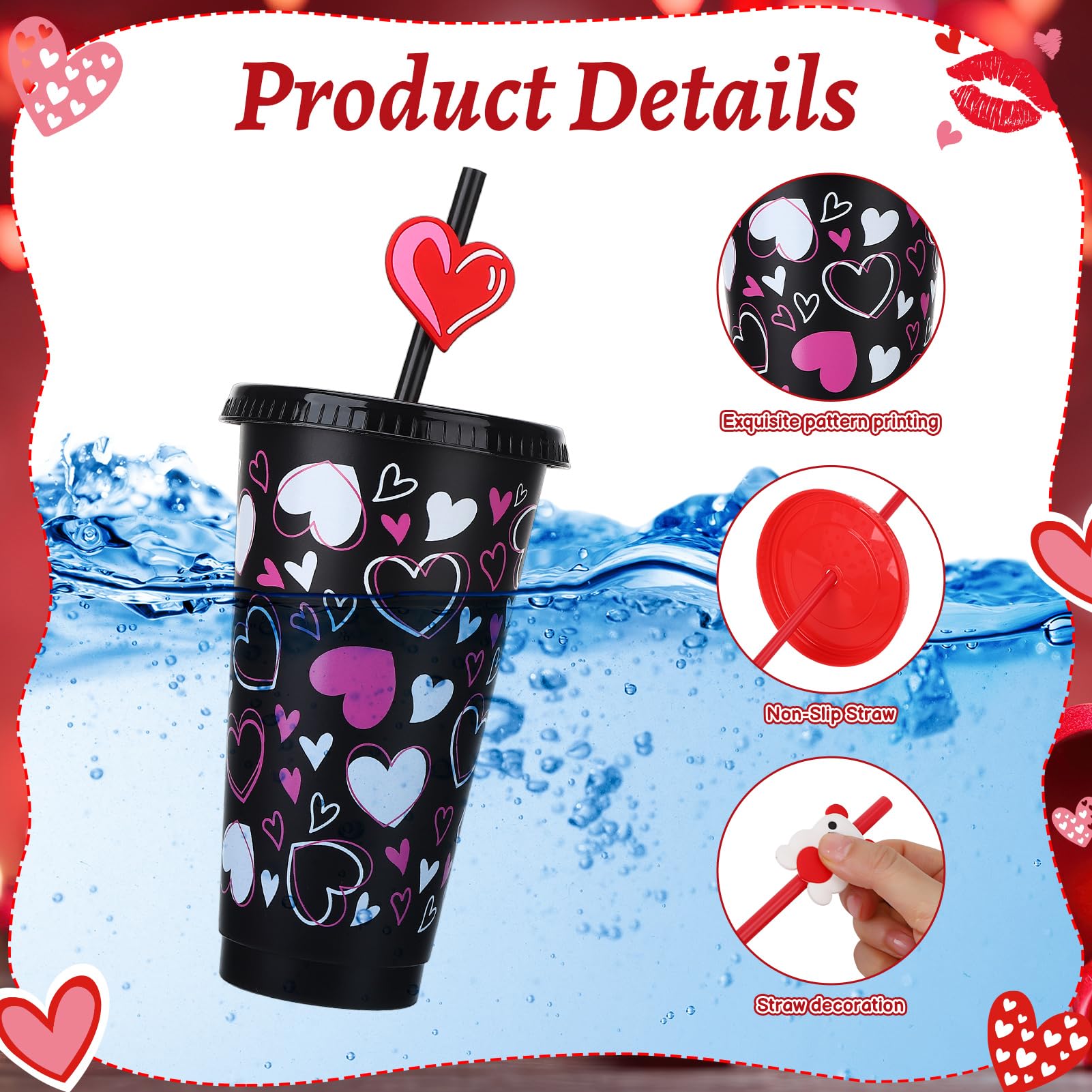 Ovveroche 12 Pcs Valentine's Day Plastic Cups with Lids and Straws and Straw Caps 24 oz Reusable Cups Travel Mug Bulk for Valentine's Day Birthday Wedding Anniversary Party Favors