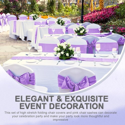 Lounsweer Folding Chair Cover Set - 50 Pcs with 25 Stretch Spandex Slipcovers & Satin Sashes | White & Lavender