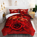 AILONEN Red Rose Comforter Set Queen Size,Romantic Hearts Couple Love Bedding Set,3D Rose Floral Bedding Queen Comforter Set Glitter Bed in a Bag 3 Pieces, 1 Quilt and 2 Pillowcases