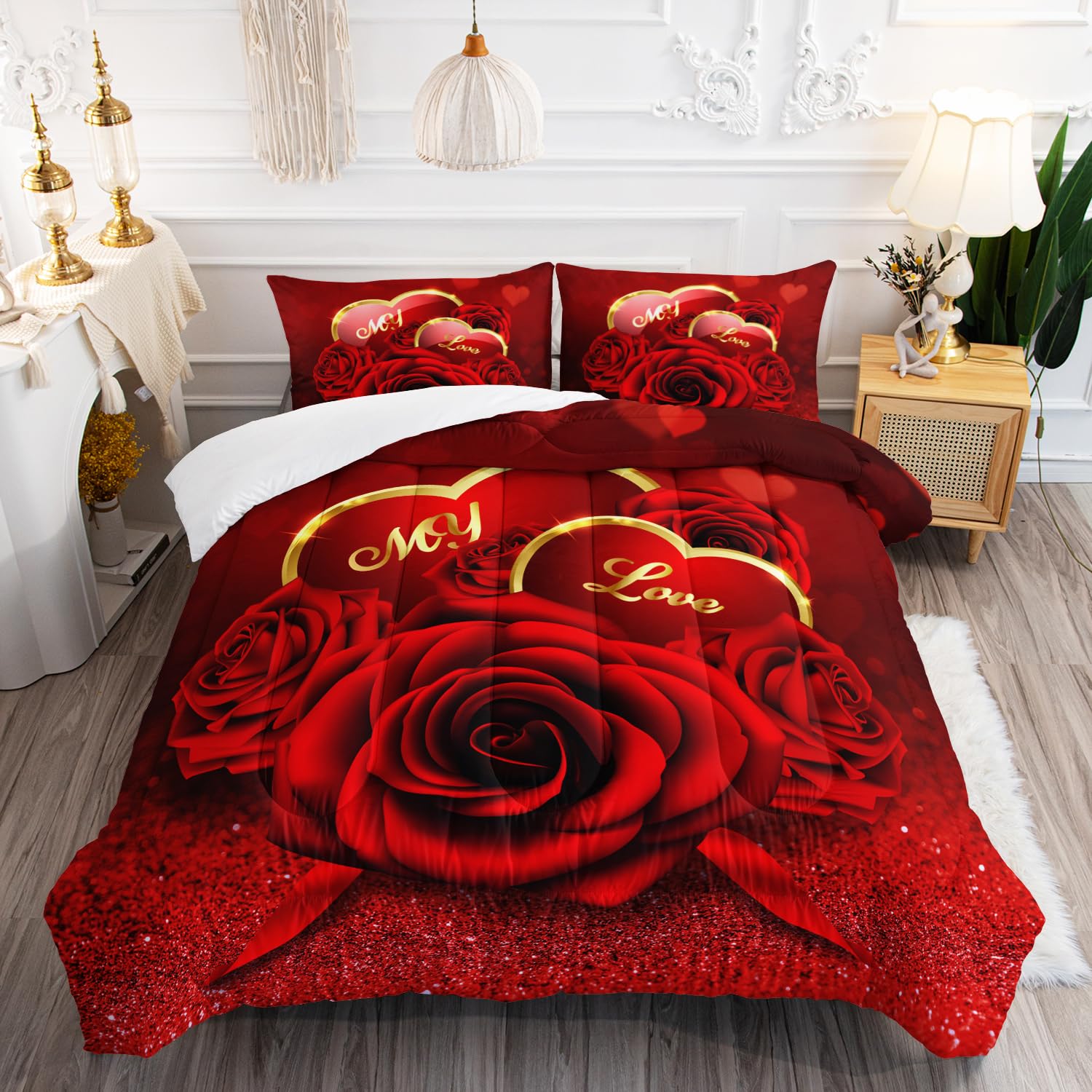 AILONEN Red Rose Comforter Set Queen Size,Romantic Hearts Couple Love Bedding Set,3D Rose Floral Bedding Queen Comforter Set Glitter Bed in a Bag 3 Pieces, 1 Quilt and 2 Pillowcases