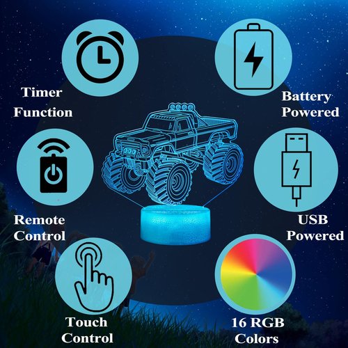 Monster Truck Night Light, Monster Truck Gifts, 3D Illusion Lamp with 16 Colors Changing, Remote Control with Timer, Dimmer, Kids Room Decoration for Holiday Birthday Christmas