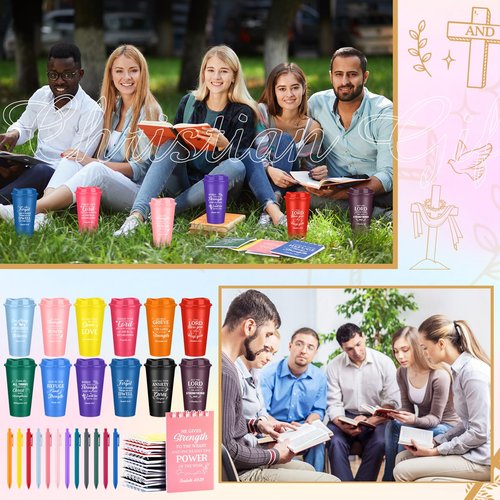 Funnymoom 48 Pack Christian Cups for Employee 16oz Religious Plastic Tumblers with Lids Bible Notebooks and Pens Bulk Christian Cups for Team Staff Coworker Gifts (Classic Color)