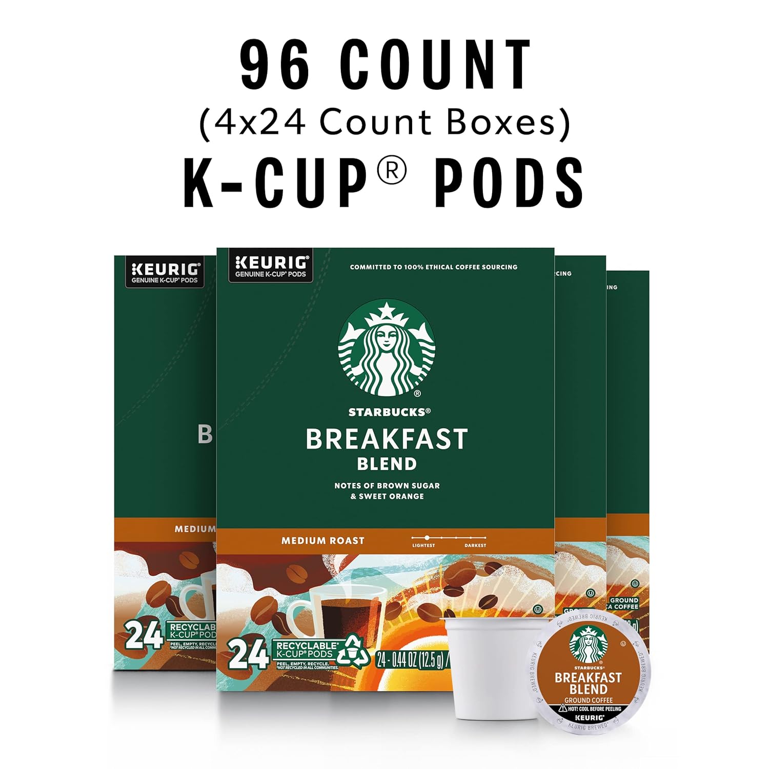 Starbucks K-Cup Coffee Pods - Medium Roast Breakfast Blend for Hot or Iced Coffee | 96 Pods