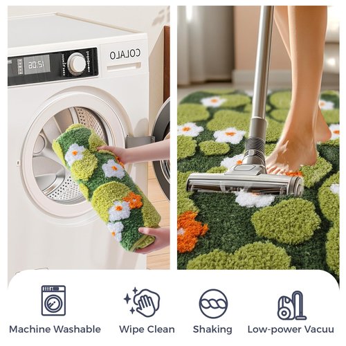 Naoloture Green Floral Moss Bathroom Rug Bath Mat, Ultra Thick Soft 3D Aesthetic Decor Cute Tufted Bath Rugs, Non Slip Absorbent Washable Moss Carpet for Shower Floor Sink Bedroom, 20x32 Inch