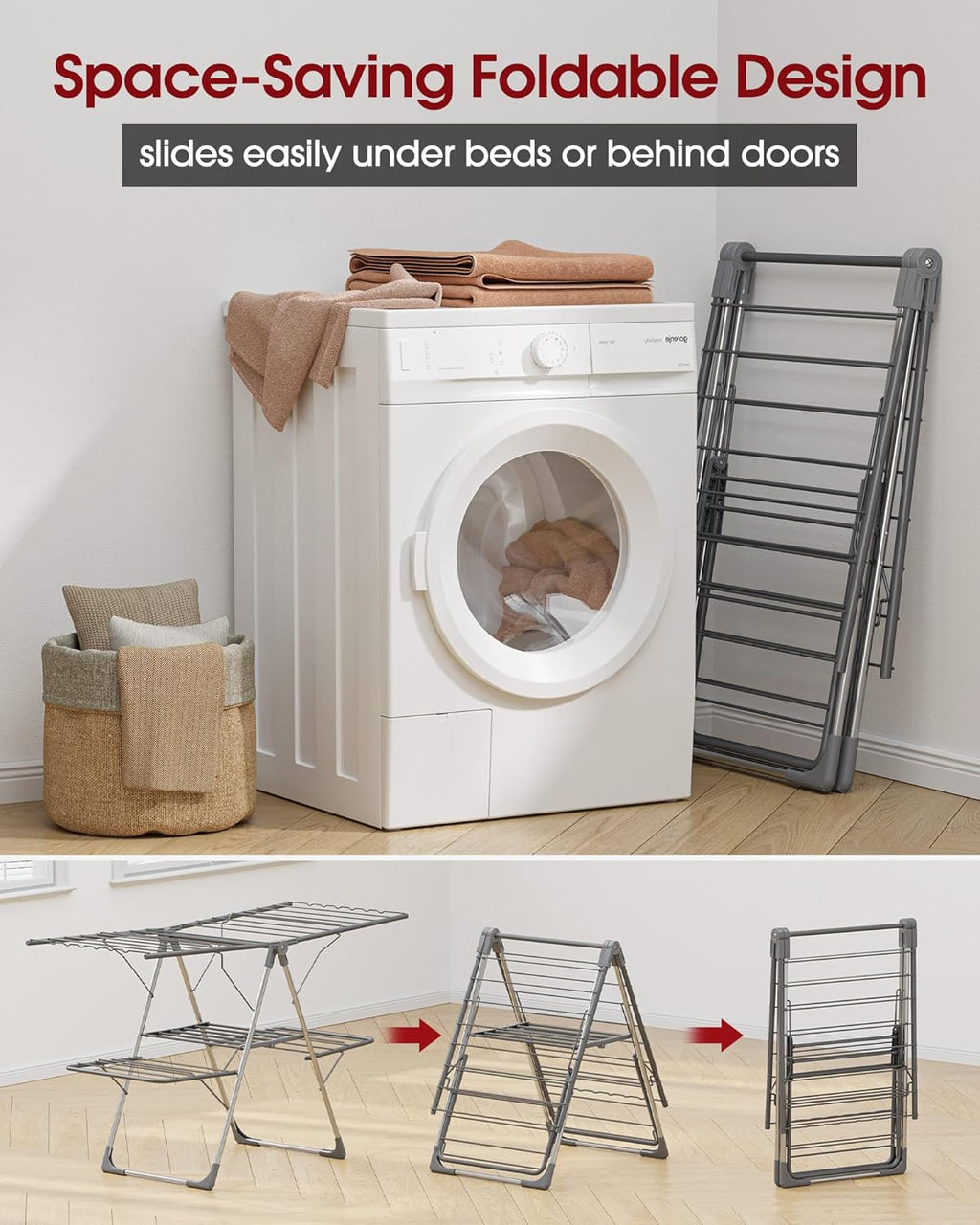 Sakugi Clothes Drying Rack - Foldable 2-Level Design with Height-Adjustable Wings | Space-Saving Indoor & Outdoor Use, Gray, 55.5" L × 22.8" W