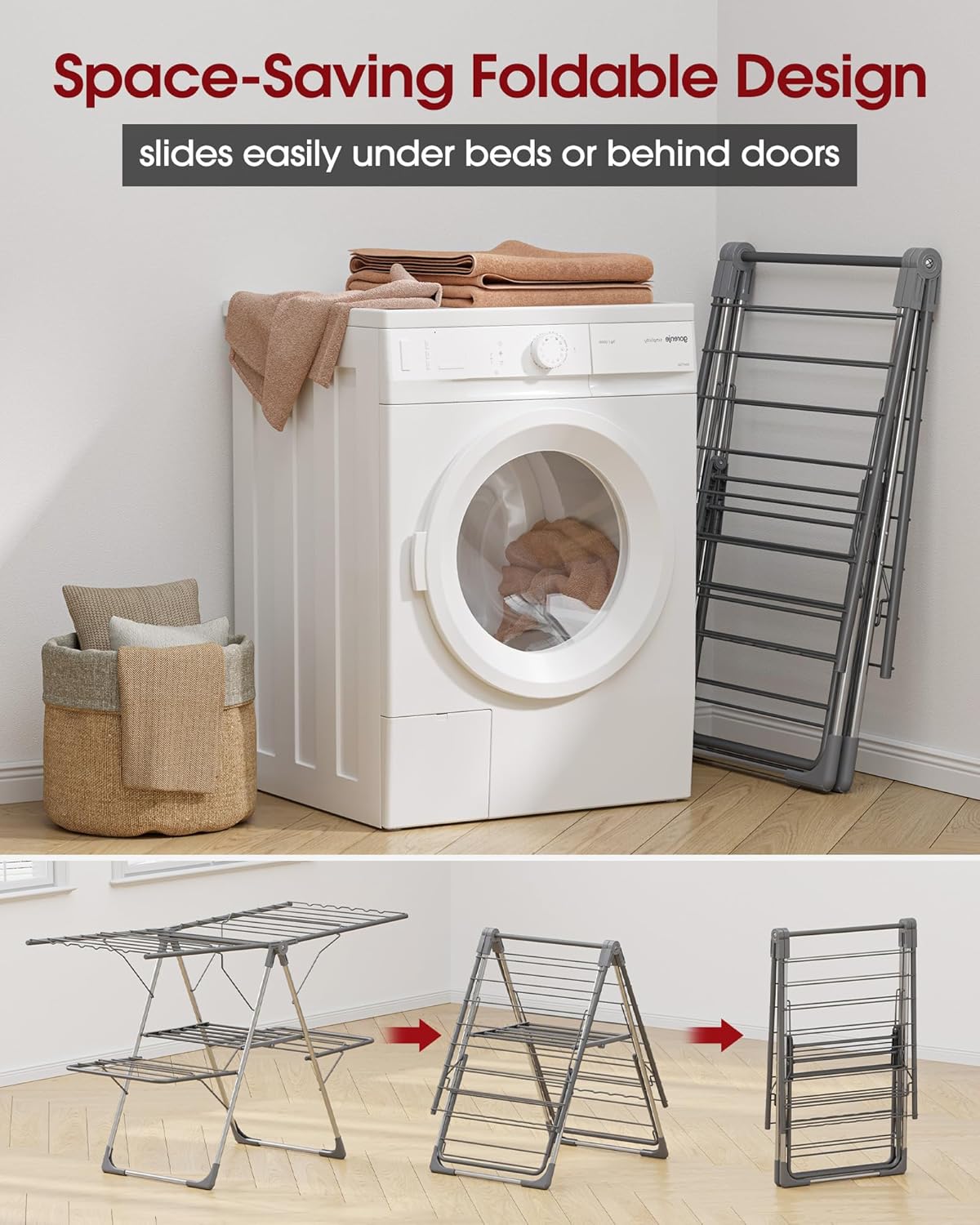 Sakugi Clothes Drying Rack - Foldable 2-Level Design with Height-Adjustable Wings | Space-Saving Indoor & Outdoor Use, Gray, 55.5" L × 22.8" W