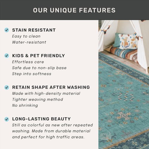 Boho Runner Rugs - Teal 2'6"x10' Washable Indoor Floor Mat with Non-Slip Rubber Backing